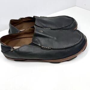 OLUKAI Moloa Men’s US 12 Black/Toffee Leather Slip-On Loafers Shoes $140